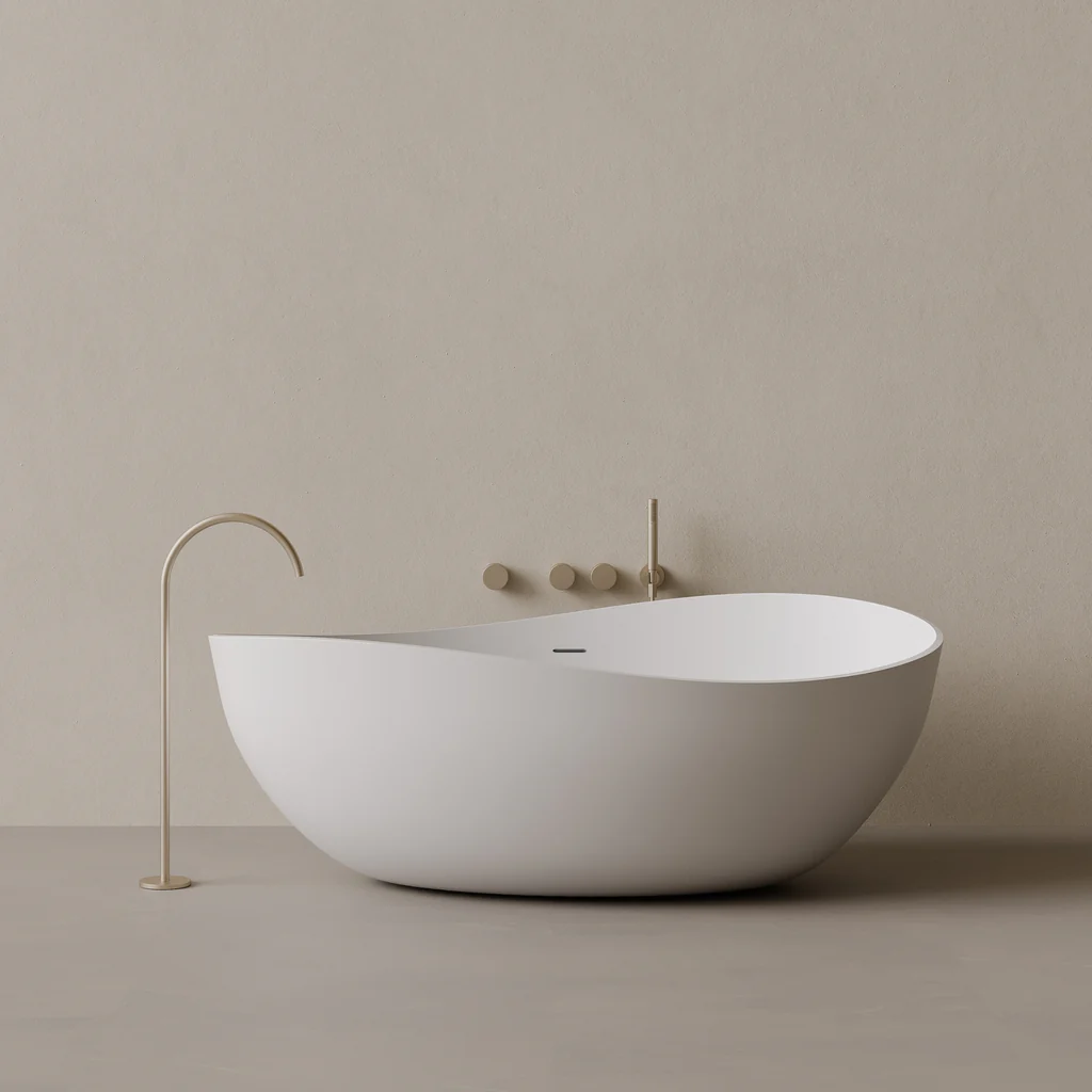 Bañera escultural asimétrica Mushin REN para proyectos de interiorismo y baños de diseño contemporáneo en Madrid