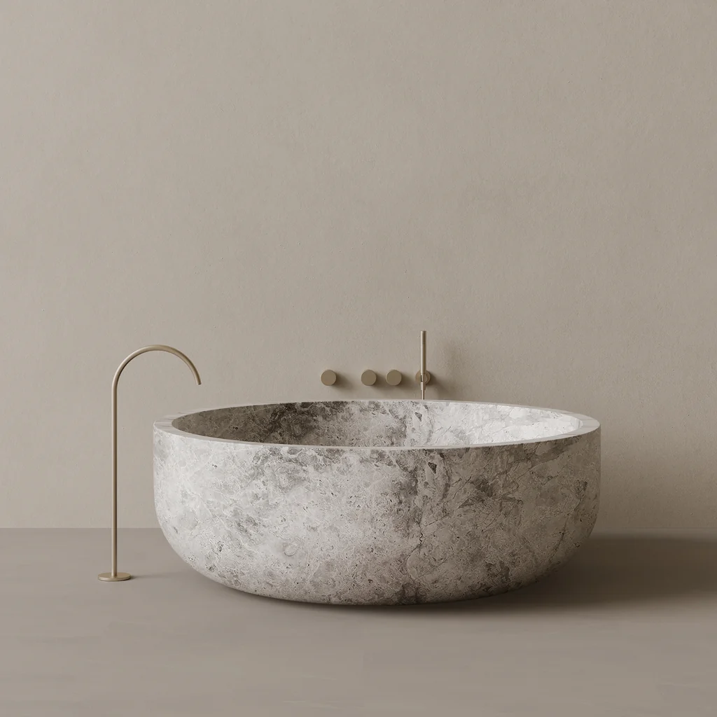 Bañera redonda de piedra gris Mushin TSUKI para proyectos de interiorismo y baños de diseño contemporáneo en Madrid