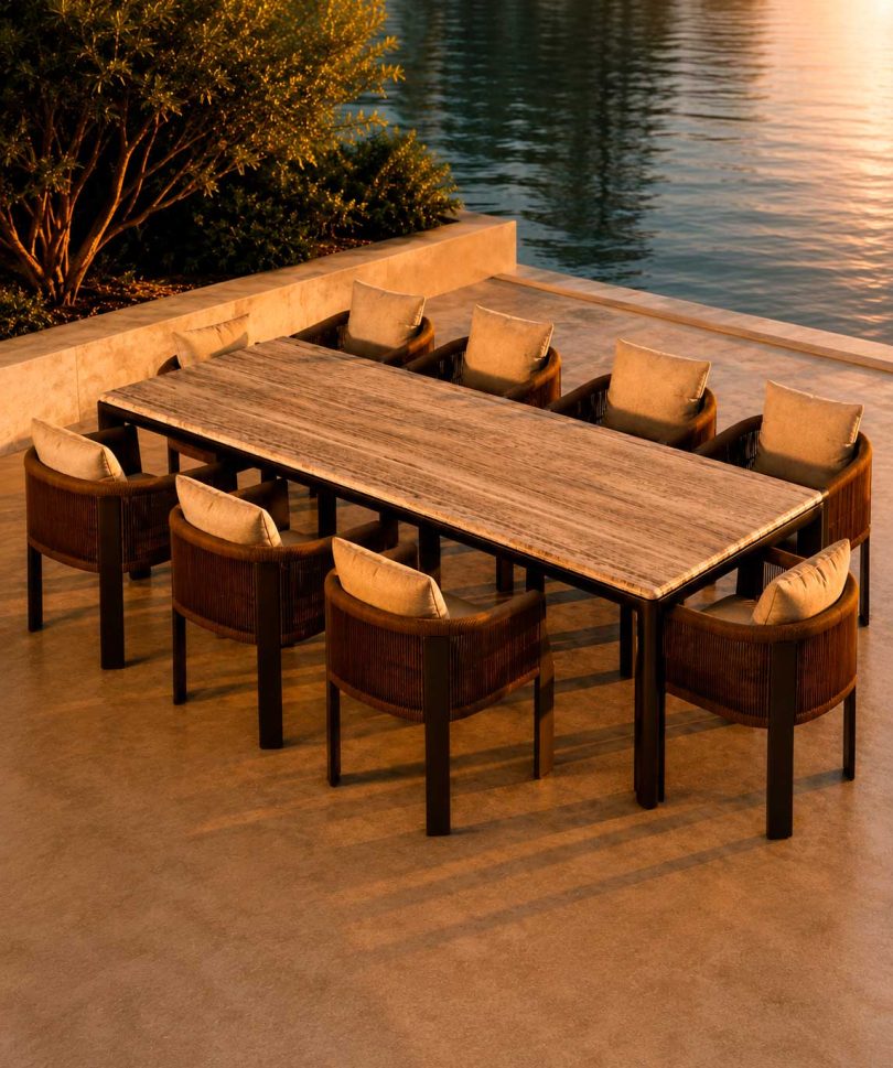Mesa de comedor de piedra Mushin PALM con diseño arquitectónico y líneas minimalistas contemporáneas