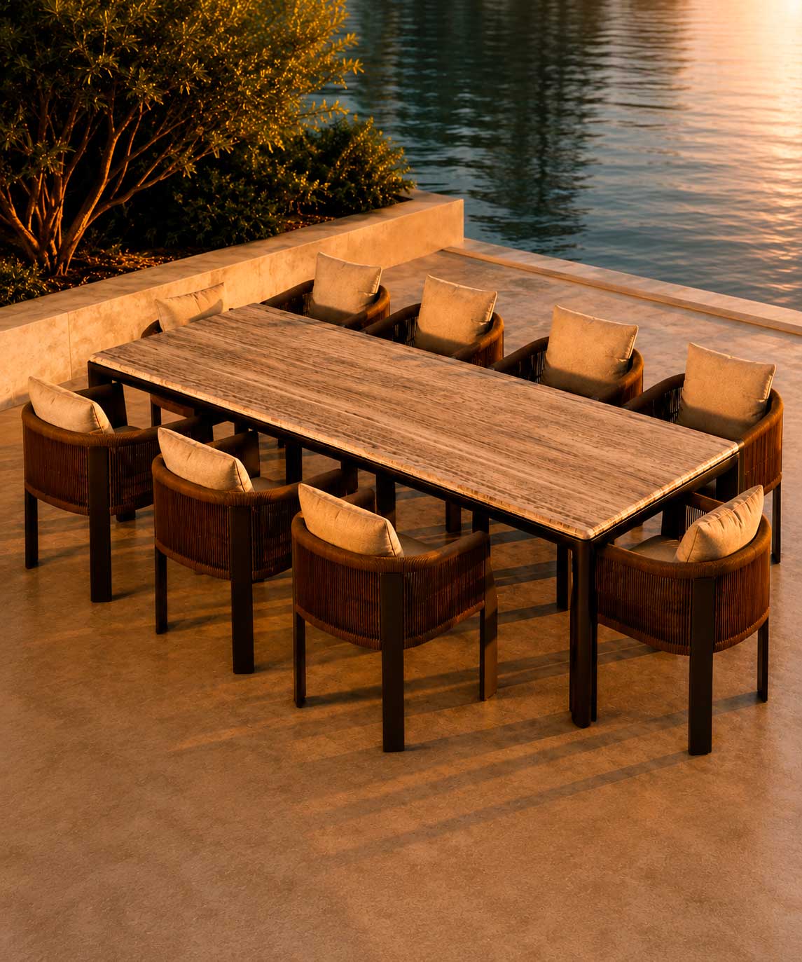 Mesa de comedor de piedra Mushin PALM con diseño arquitectónico y líneas minimalistas contemporáneas