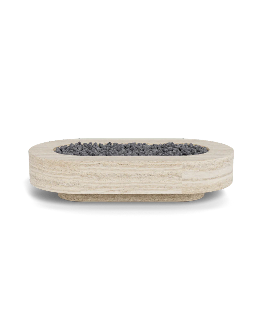 Mesa de fuego de piedra Mushin MASON con diseño escultórico para exteriores y espacios de reunión